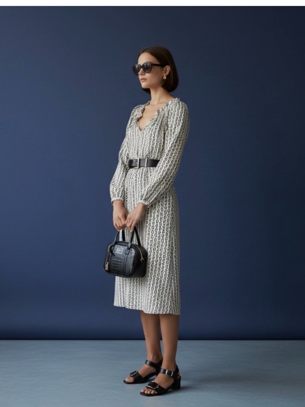 J.Crew ruffle neck midi dress in vintage link print / MED/